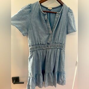 Blue denim-style Pilcro -Anthropologie dress with short sleeves.